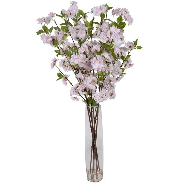 35" Artificial Light Pink Cherry Blossom in Glass Vase with Acrylic Water