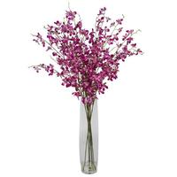 Vickerman 35" Artificial Purple Mini Orchid Bouquet in Glass Vase with Acrylic Water