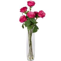Vickerman 27" Artificial Berry Red Rose Bouquet in Glass Vase with Acrylic Water