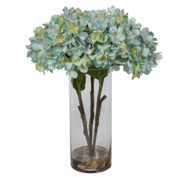 17" Artificial Blue Hydrangea Bouquet Glass Vase