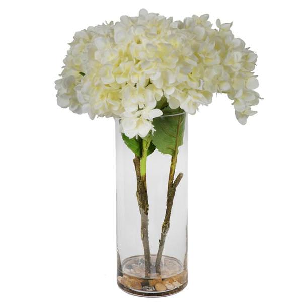 17" Artificial White Hydrangea Bouquet Glass Vase