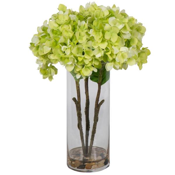 17" Artificial Light Green Hydrangea Bouquet Glass Vase
