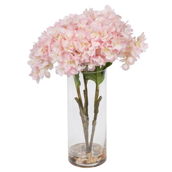 17" Artificial Pink Hydrangea Bouquet Glass Vase