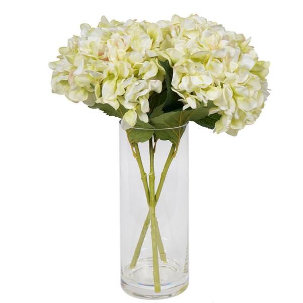 17" Artificial Light Olive Hydrangea Bouquet in Glass Vase with Acrylic Water
