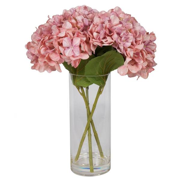 17" Artificial Pink Hydrangea Bouquet in Glass Vase with Acrylic Water