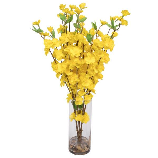 23" Artificial Yellow Peach Blossom Bouquet in Vase with Acrylic Water