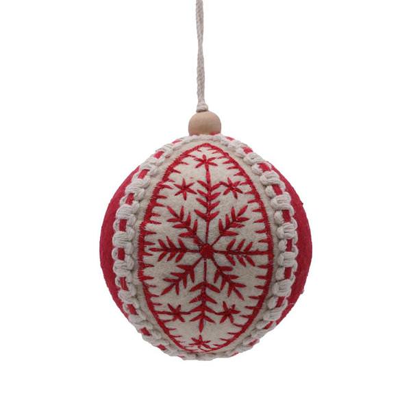 4" Red/White Felt Snowflake Ball Ornament (2 Pack)