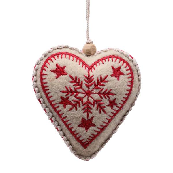 5" Red/White Felt Snowflake Heart Bell Ornament (2 pack)