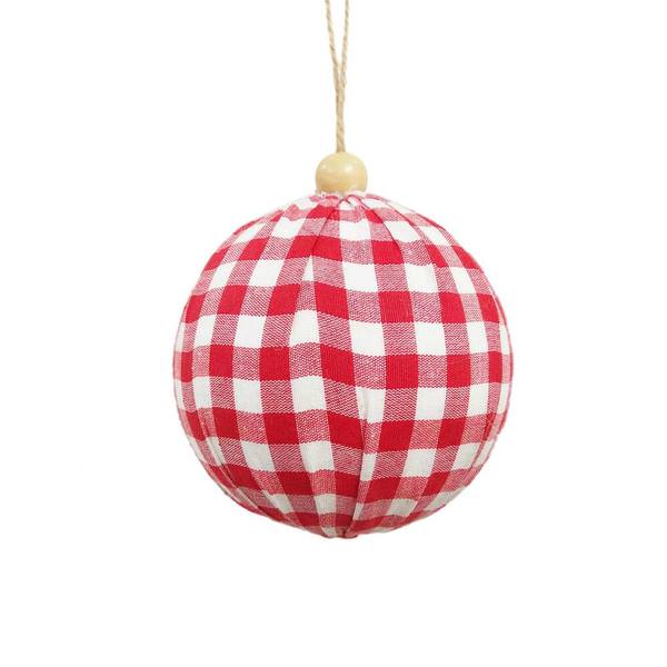 4" Red/White Plaid Cloth Ball  Ornament (4 pack)