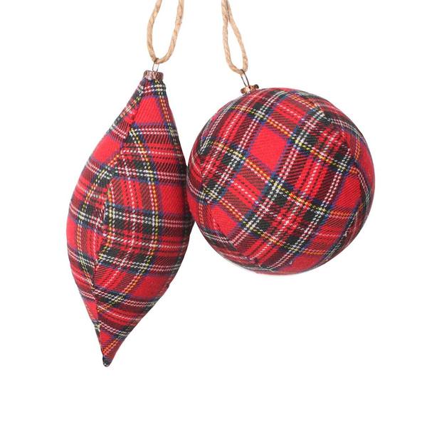 4" Ball / 7" Finial Red/Black Plaid Cloth Christmas Ornament (4 Pack)