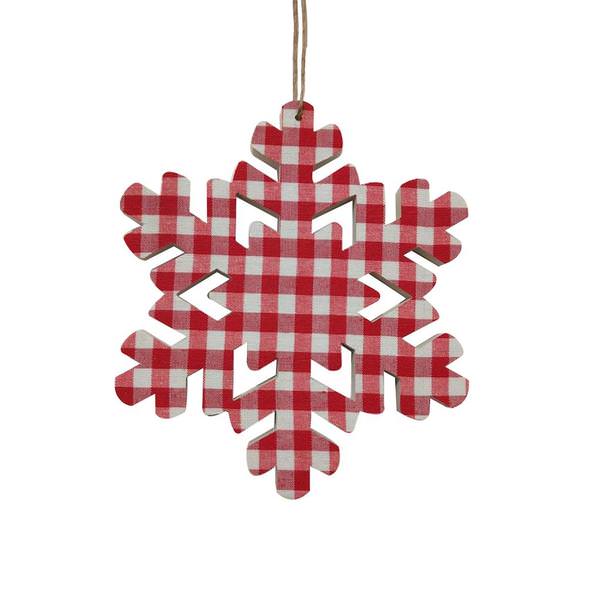 7" Red/White Plaid Snowflake Heart Bell Ornament (6 pack)