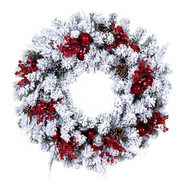 30" Artificial Flocked Wreath with Red/Silver Decor Unlit