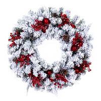 Vickerman 30" Artificial Flocked Wreath with Red/Silver Decor 50 Pure White LED Lights