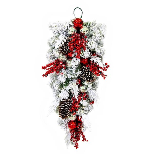 30" Artificial Flocked Red / Silver Berries Teardrop 50 Pure White LEDs