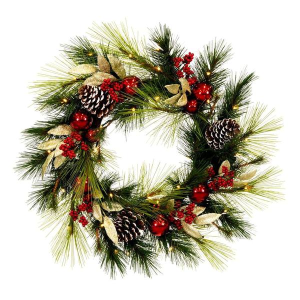 24" Artificial Red/Gold Decorated 35 Warm White LED Lights Wreath