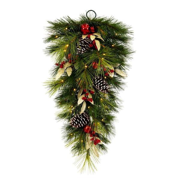 30" Artificial Teardrop Red / Gold Berries 50 Warm White LED Lights
