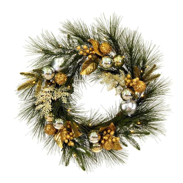 24" Artificial Wreath Gold/Silver Decor 35 Battery Operated Warm White LED Lights