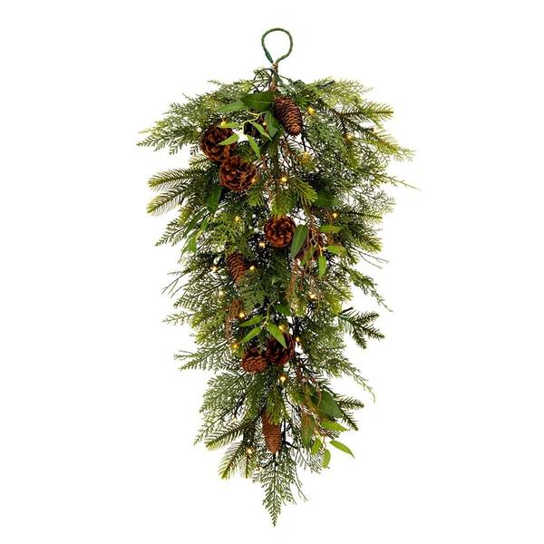 30" Artificial Cedar Pine Cone Twig Teardrop 50 Warm White Italian LED Lights