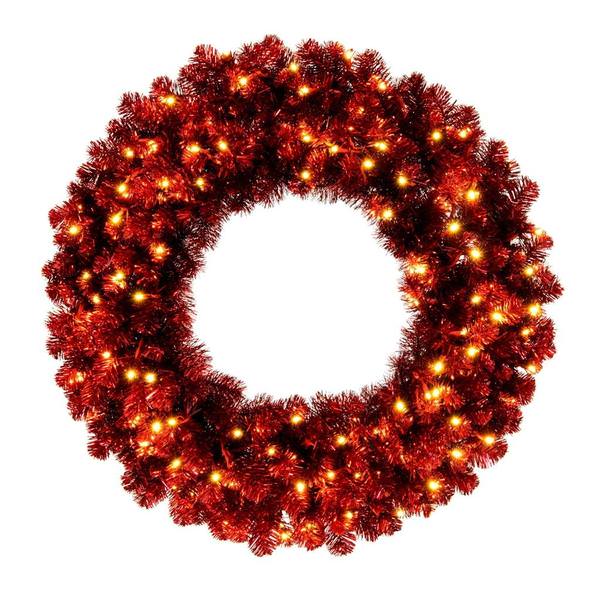 48" Artificial Red Tinsel Wreath 200 Warm White Lights