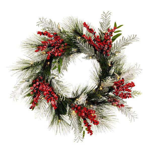 24" Artificial Frosted Hardneedle Red / Green Berries 35 Warm White LED Lights