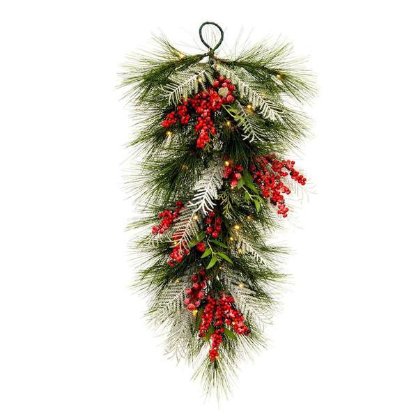 30" Artificial Frosted Teardrop Red Berries 50 Warm White LED Lights