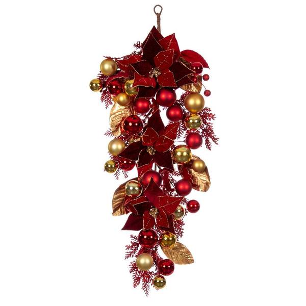 32" Artificial Red Poinsettia Decorated Teardrop