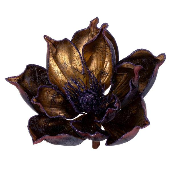 7" Purple Gold Glitter Magnolia Clip Ornament (2 Pack)