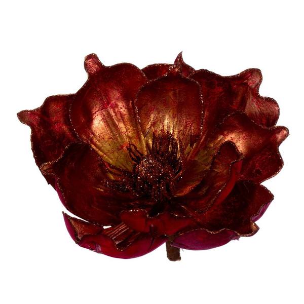 7" Red Gold Glitter Magnolia Clip Ornament (2 Pack)