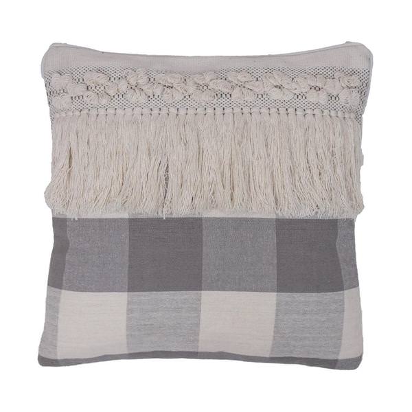 18"x18" Grey Plaid Fringe Cotton Pillow
