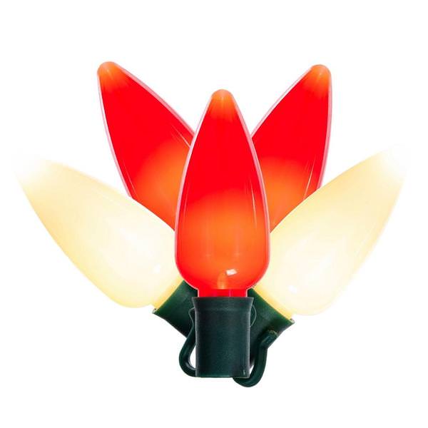 25 Light 25' Green Wire Red / Warm White LED C9 String with 8" Spacing