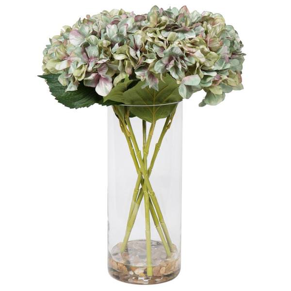 21" Artificial Seafoam Lavender Hydrangea Bouquet Glass Vase
