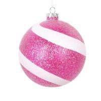 View 4.75" Fuchsia / White Plastic Sugar Glitter Swirl Ball Ornament (3 pack)
