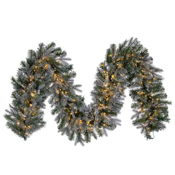 9' x 14" Artificial Frosted Douglas Garland 300 Warm White LED Lights