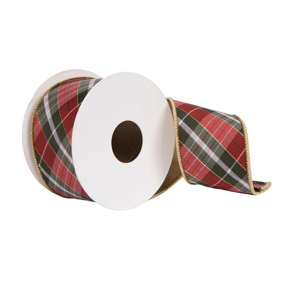 2.5"x15' Grey / Red / Gold Plaid Ribbon