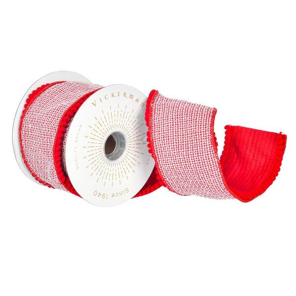 4" x 15' Red Houndstooth Pom Pom Ribbon