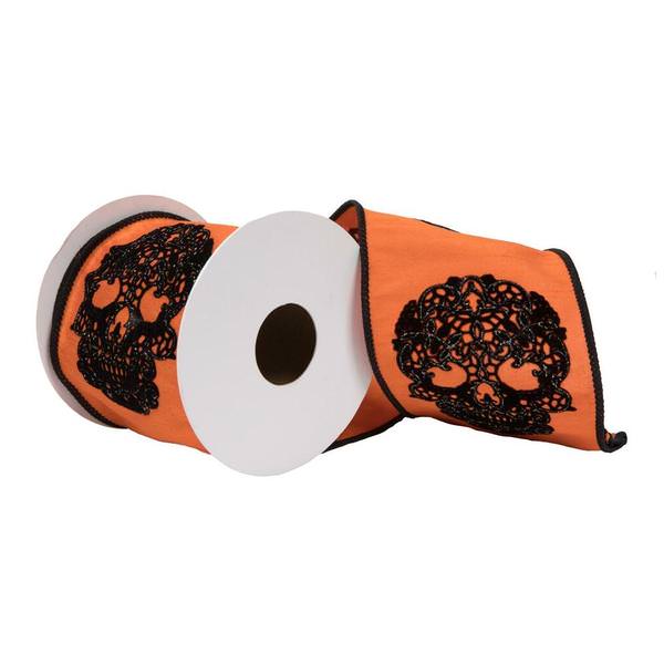 4"x15' Orange Lace Skull Glitter Decorative Ribbon