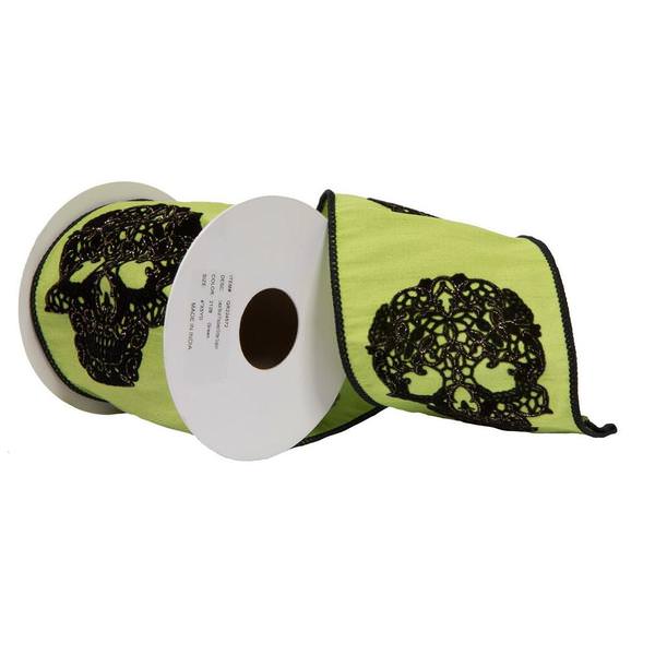 4"x15' Green Lace Skull Flocked Glitter Decorative Ribbon