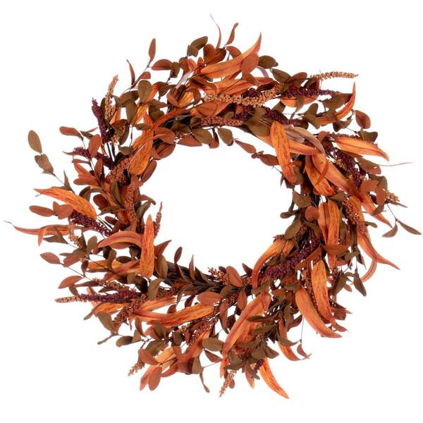 22" Artificial Autumn / Burgundy Mum, Chinese Lantern and Berries Unlit Wreath Candle Ring