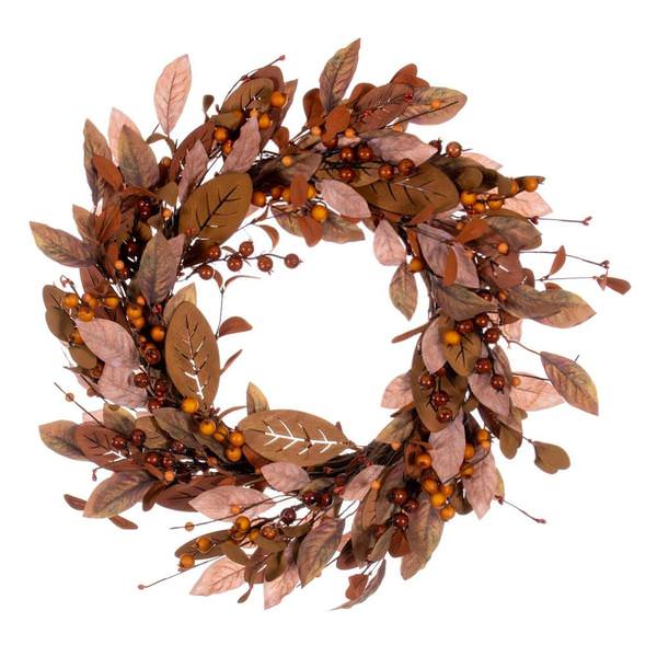 22" Artificial Light Brown Fall Berry and Wood Leaf Unlit Wreath Candle Ring