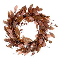 Vickerman 22" Artificial Light Brown Fall Berry and Wood Leaf Unlit Wreath Candle Ring