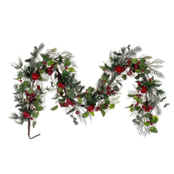 5' Artificial Green Holly Pine and Red Jingle Bell Garland Unlit