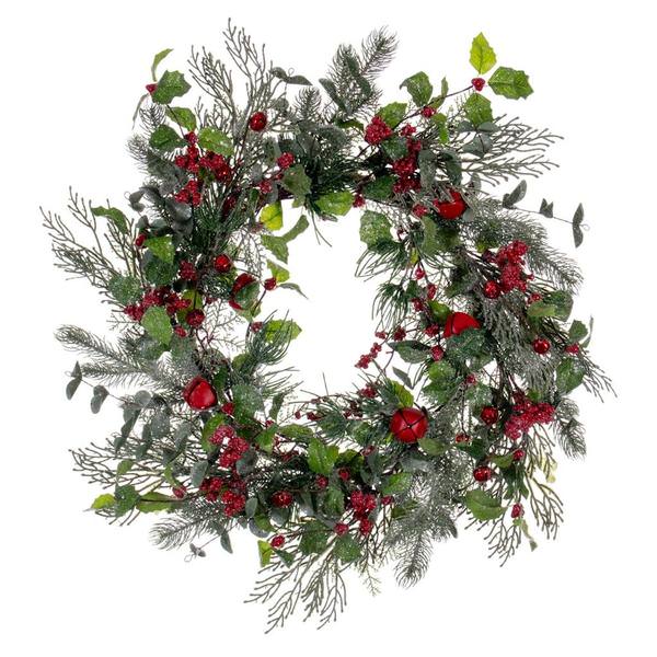 24" Artificial Green Holly Pine and Red Jingle Bells Wreath