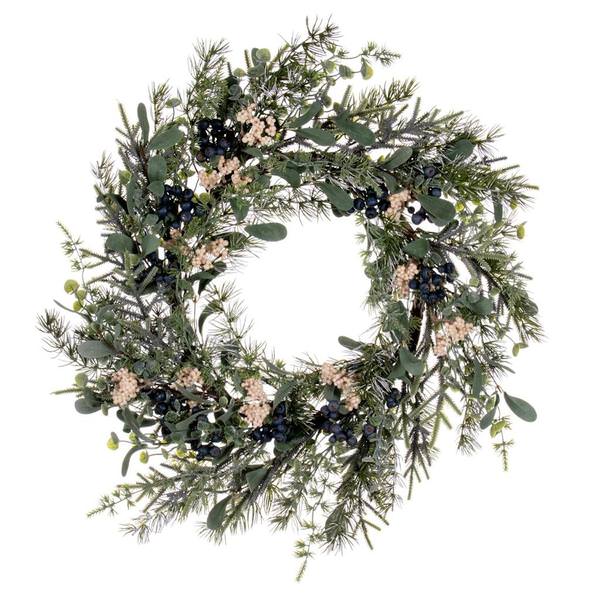 24" Artificial Green Pine Blueberries and White Berries Wreath