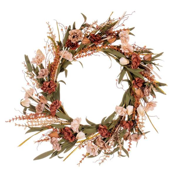 20" Artificial Orange / Burgundy Mum, Chinese Lantern and Berries Unlit Wreath Candle Ring