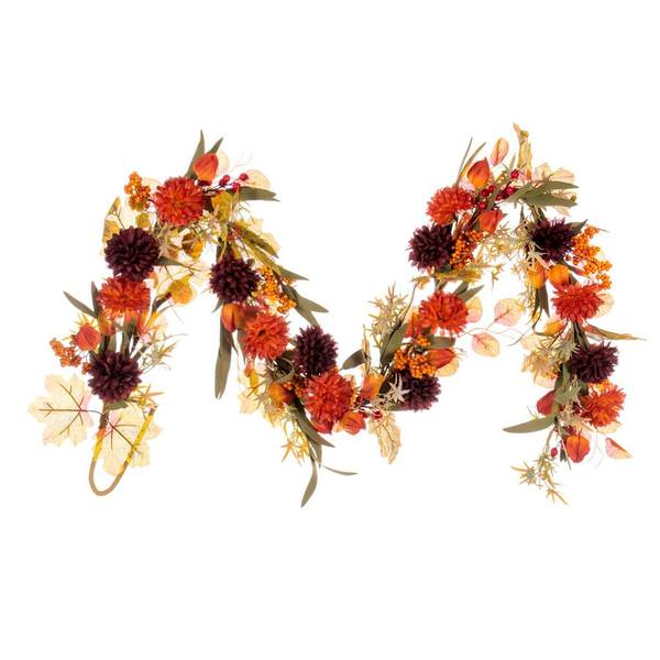 5' Artificial Orange/Burgundy Mum/Lantern Chinese Lantern and Berry Garland