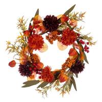 Vickerman 14" Artificial Orange / Burgundy Mixed Mum, Chinese Lantern and Berries Unlit Wreath Candle Ring
