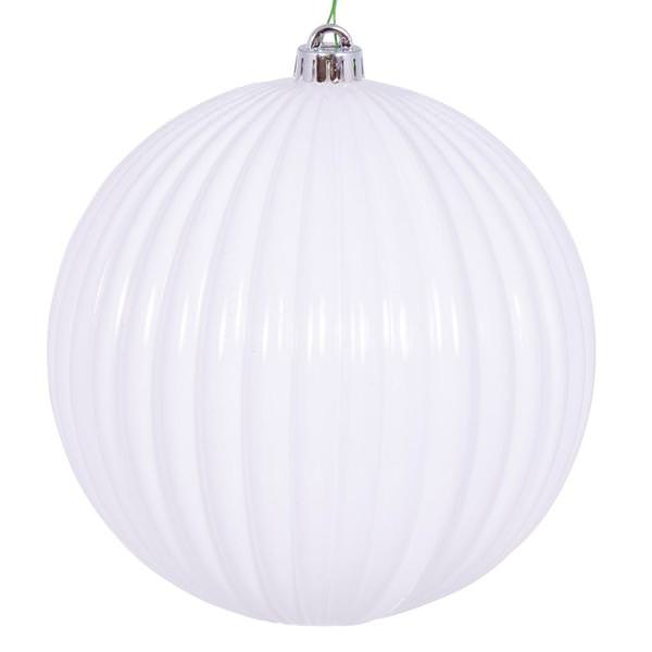 8" White Shiny Lined Ball Ornament