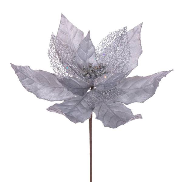 11" Silver Velvet Glitter Mesh Poinsettia Spray (6 Pack)