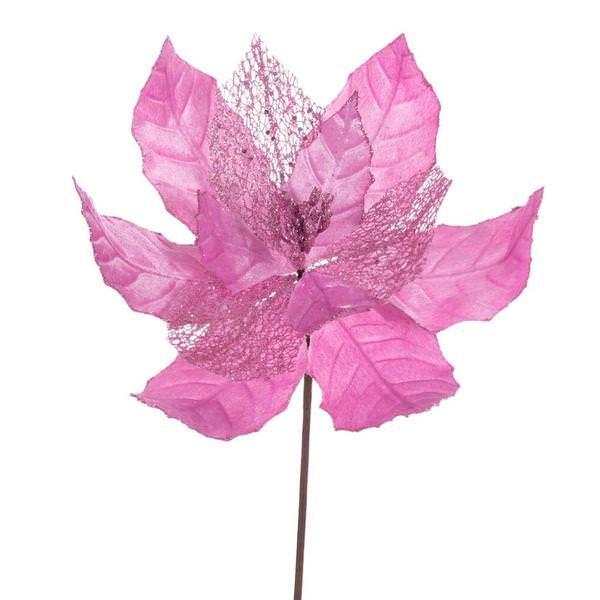 11" Pink Velvet Glitter Mesh Poinsettia Spray (6 Pack)