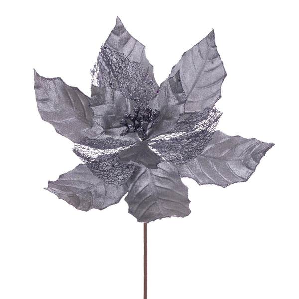 11" Pewter Velvet Glitter Mesh Poinsettia Spray (6 Pack)